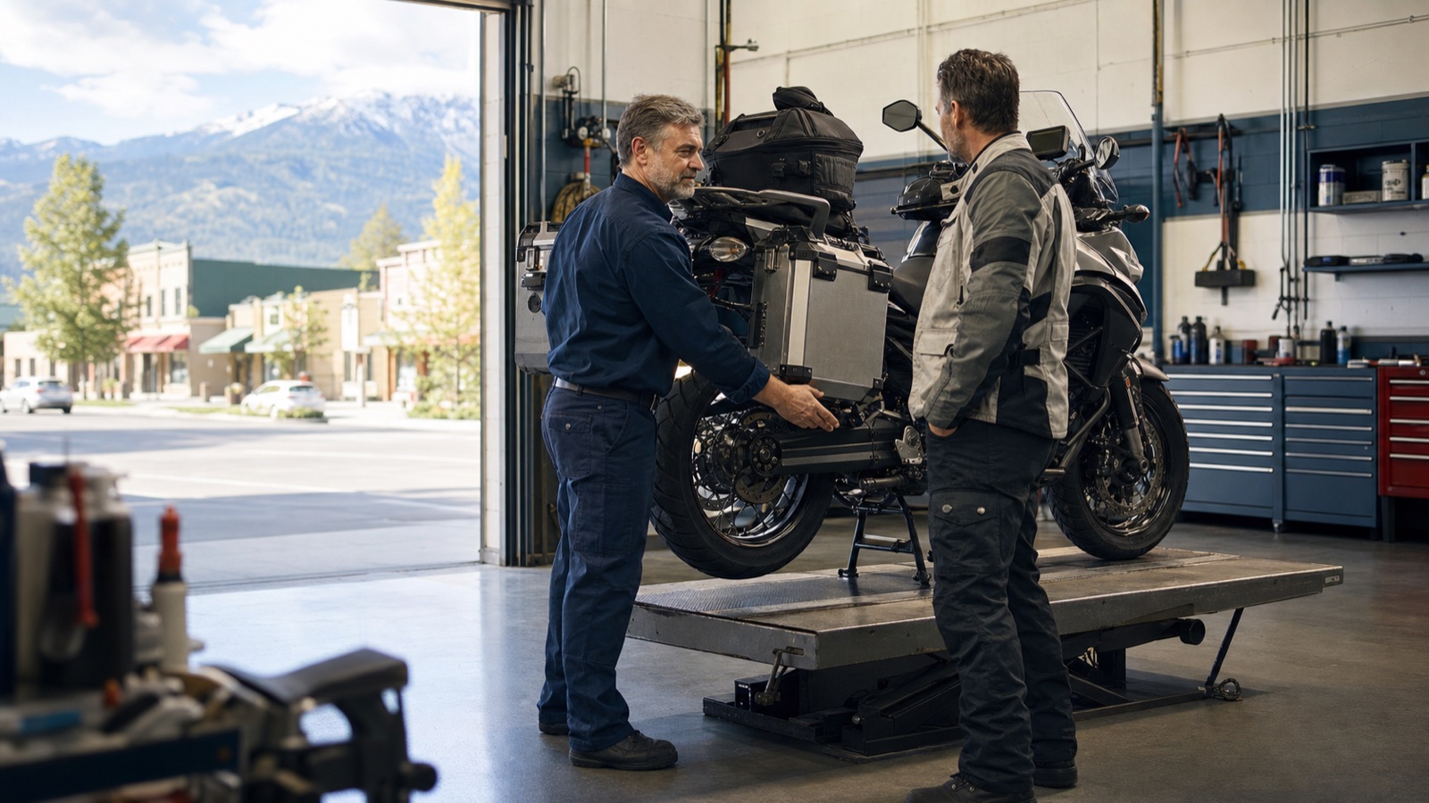 Motorcycle service professional assisting a rider