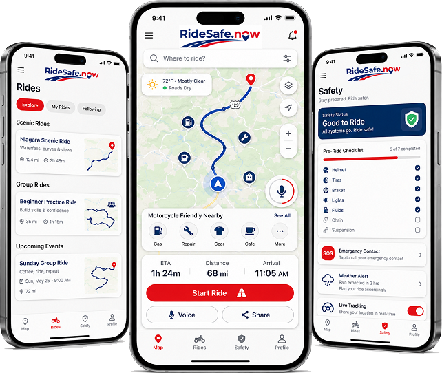 RideSafe.now map, rides, and safety screens on iPhone